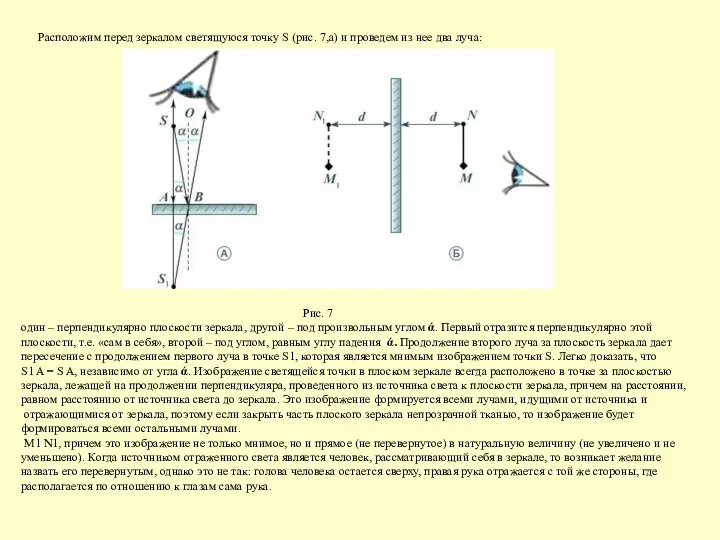 Расположим перед зеркалом светящуюся точку S (рис. 7,а) и проведем из