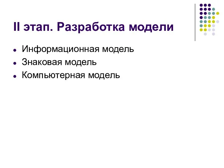 II этап. Разработка модели Информационная модель Знаковая модель Компьютерная модель