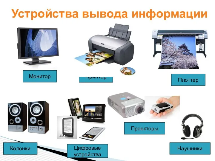 Колонки Монитор Принтер Наушники Устройства вывода информации Плоттер Цифровые устройства Проекторы