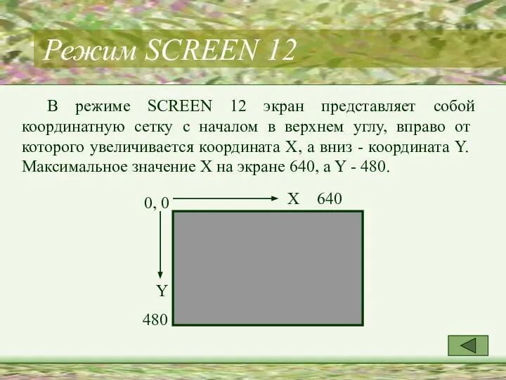 Режим SCREEN 12 В режиме SCREEN 12 экран представляет собой координатную