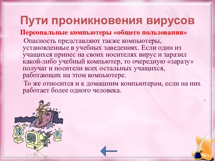 Пути проникновения вирусов Персональные компьютеры «общего пользования» Опасность представляют также компьютеры,