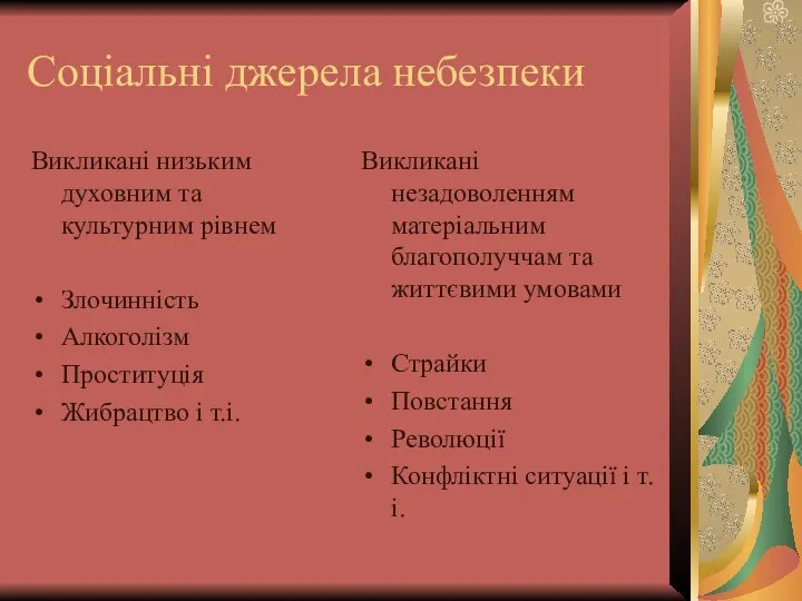 Соціальні джерела небезпеки Викликані незадоволенням матеріальним благополуччам та життєвими умовами Страйки