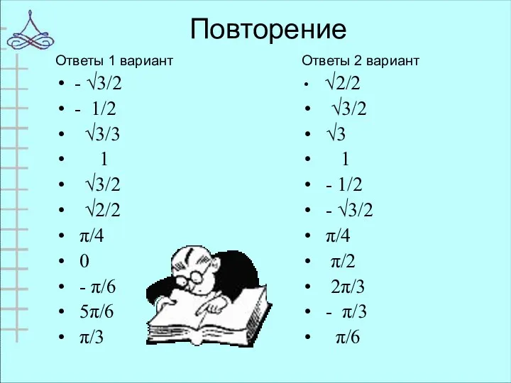 Повторение Ответы 1 вариант - √3/2 - 1/2 √3/3 1 √3/2