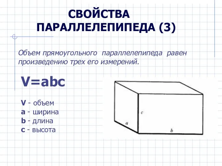 СВОЙСТВА ПАРАЛЛЕЛЕПИПЕДА (3) Объем прямоугольного параллелепипеда равен произведению трех его измерений.