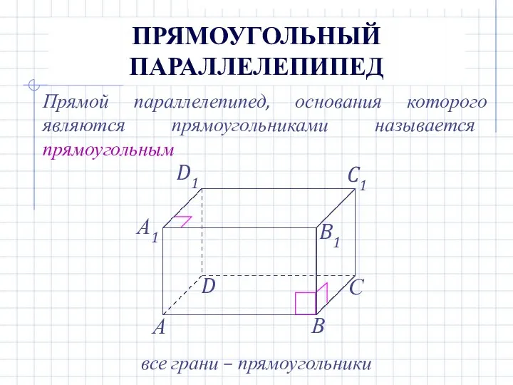 ПРЯМОУГОЛЬНЫЙ ПАРАЛЛЕЛЕПИПЕД Прямой параллелепипед, основания которого являются прямоугольниками называется прямоугольным все грани – прямоугольники