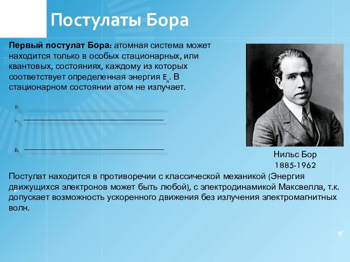 Постулаты Бора Нильс Бор 1885-1962 Первый постулат Бора: атомная система может