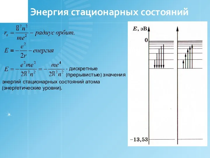 Энергия стационарных состояний - дискретные (прерывистые) значения энергий стационарных состояний атома (энергетические уровни).