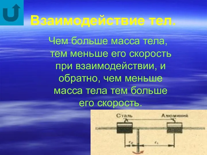 Взаимодействие тел. Чем больше масса тела, тем меньше его скорость при