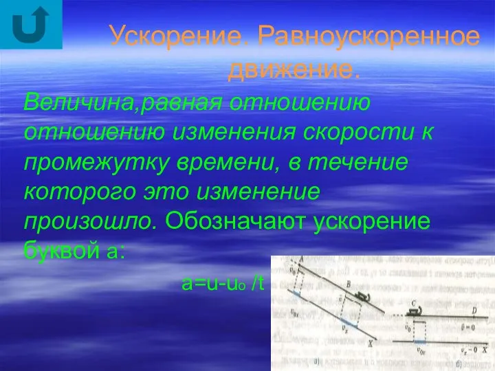 Ускорение. Равноускоренное движение. Величина,равная отношению отношению изменения скорости к промежутку времени,