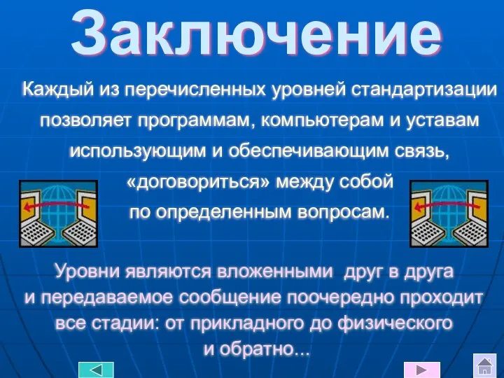 Заключение Каждый из перечисленных уровней стандартизации позволяет программам, компьютерам и уставам