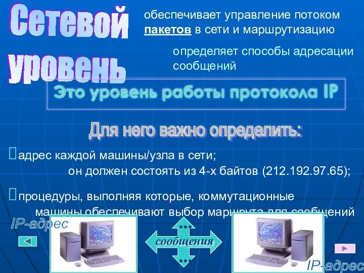 Сетевой уровень обеспечивает управление потоком пакетов в сети и маршрутизацию определяет