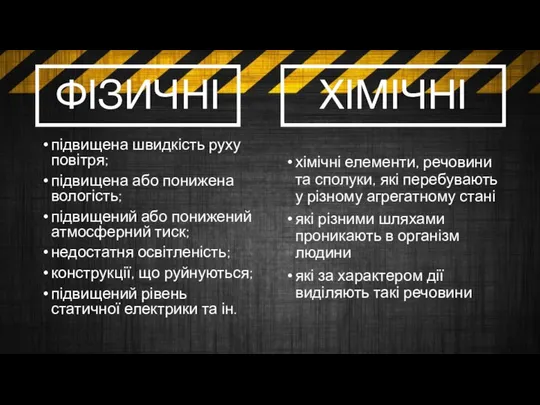 підвищена швидкість руху повітря; підвищена або понижена вологість; підвищений або понижений