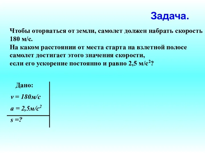 Дано: v = 180м/c а = 2,5м/c2 s =? Чтобы оторваться