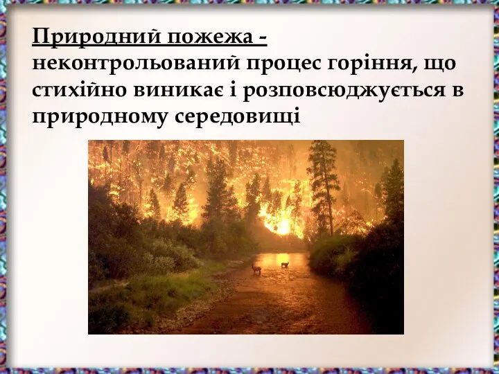 Природний пожежа - неконтрольований процес горіння, що стихійно виникає і розповсюджується в природному середовищі