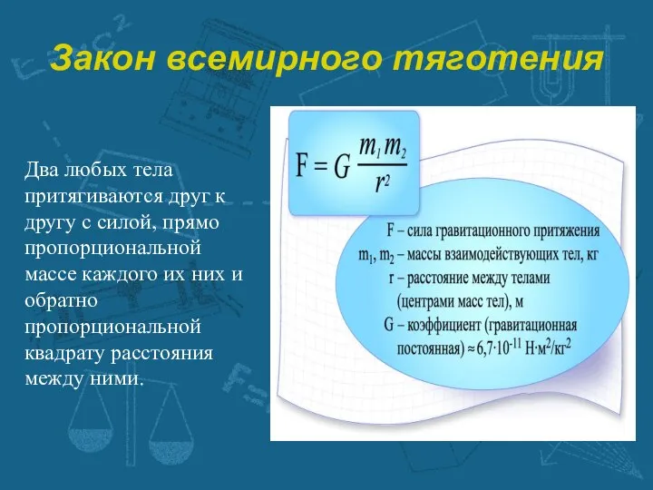 Закон всемирного тяготения Два любых тела притягиваются друг к другу с