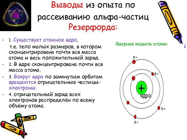 Выводы из опыта по рассеиванию альфа-частиц Резерфорда: 1. Существует атомное ядро,