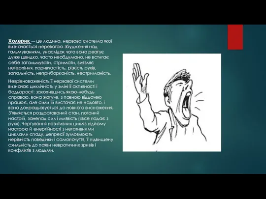 Холерик — це людина, нервова система якої визначається перевагою збудження над