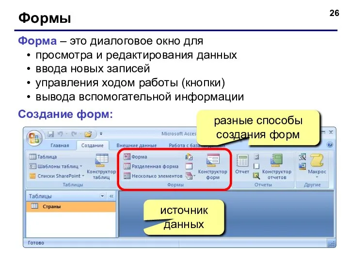 Формы Форма – это диалоговое окно для просмотра и редактирования данных