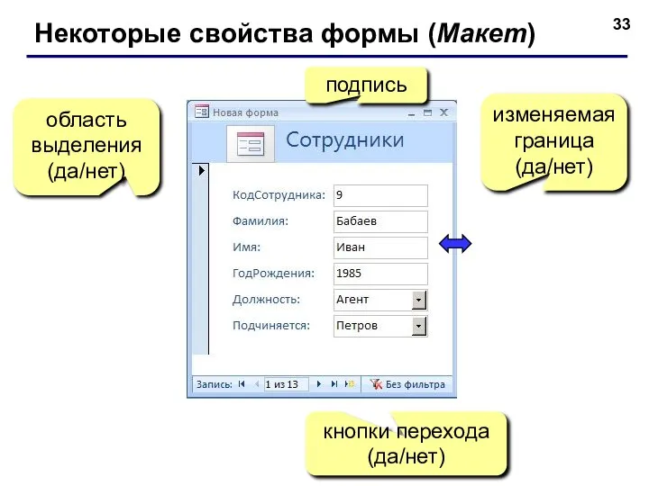 Некоторые свойства формы (Макет) подпись кнопки перехода (да/нет) область выделения (да/нет) изменяемая граница (да/нет)