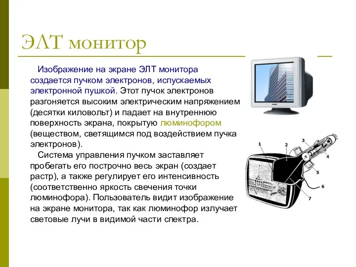 ЭЛТ монитор Изображение на экране ЭЛТ монитора создается пучком электронов, испускаемых