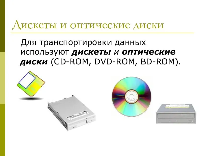 Дискеты и оптические диски Для транспортировки данных используют дискеты и оптические диски (CD-ROM, DVD-ROM, BD-ROM).
