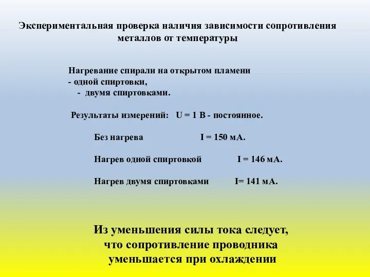 Экспериментальная проверка наличия зависимости сопротивления металлов от температуры Нагревание спирали на