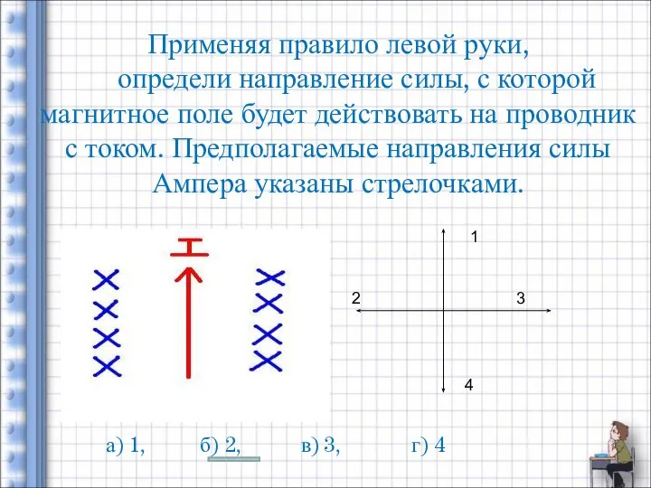 Применяя правило левой руки, определи направление силы, с которой магнитное поле