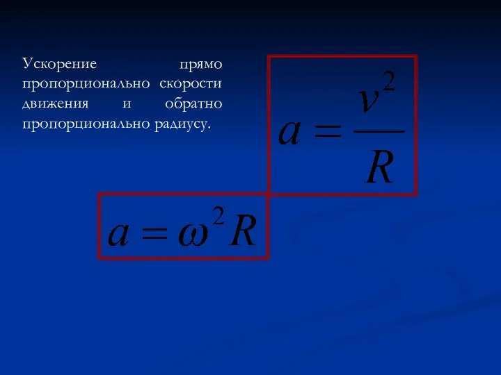 Ускорение прямо пропорционально скорости движения и обратно пропорционально радиусу.