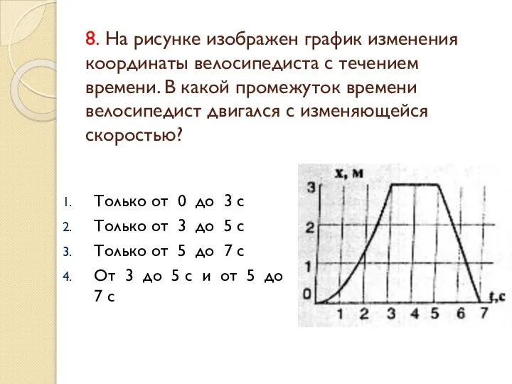 8. На рисунке изображен график изменения координаты велосипедиста с течением времени.