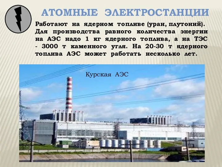 Атомные электростанции Курская АЭС Работают на ядерном топливе (уран, плутоний). Для