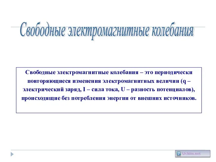 Свободные электромагнитные колебания Свободные электромагнитные колебания – это периодически повторяющиеся изменения