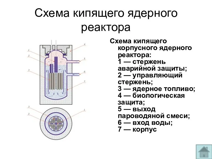 Схема кипящего ядерного реактора Схема кипящего корпусного ядерного реактора: 1 —