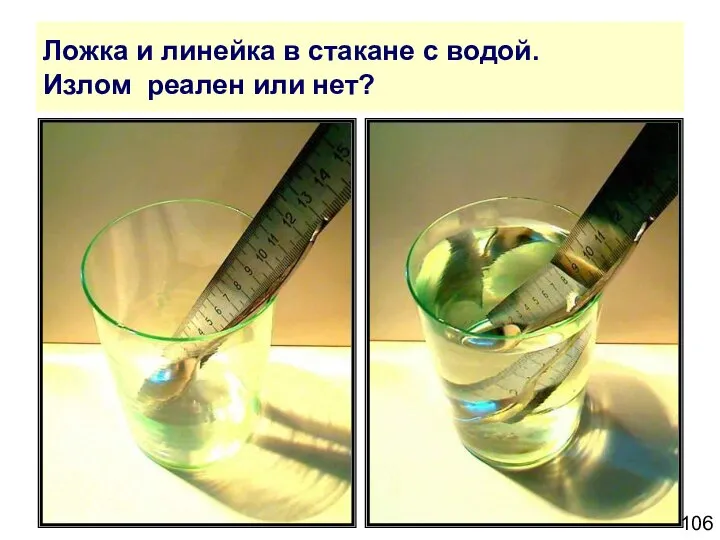 Ложка и линейка в стакане с водой. Излом реален или нет?