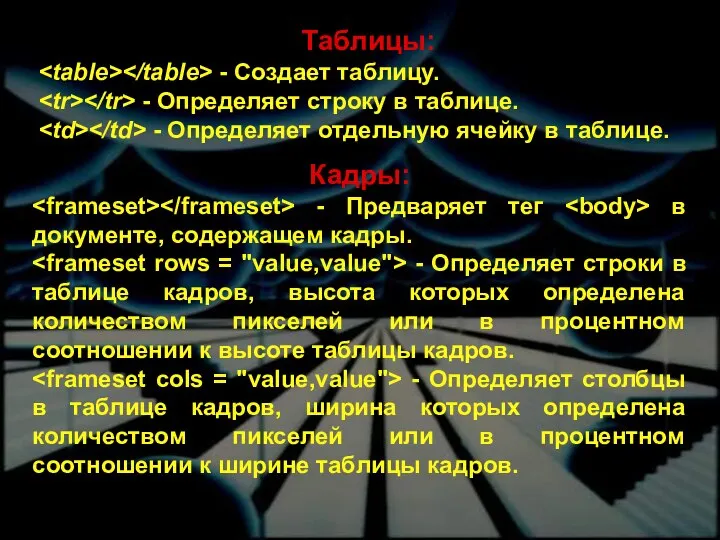 Таблицы: - Создает таблицу. - Определяет строку в таблице. - Определяет