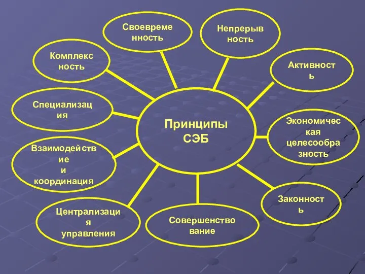 Принципы СЭБ Комплексность Своевременность Непрерывность Активность Экономическая целесообразность Специализация Взаимодействие и координация Централизация управления Совершенствование Законность