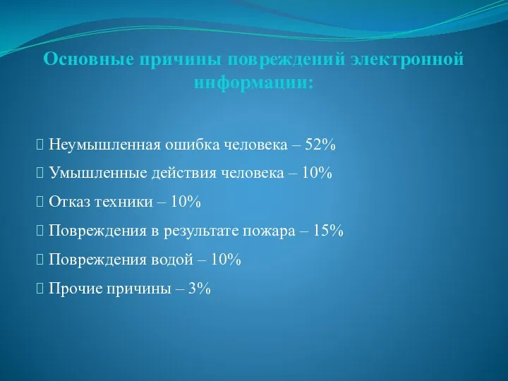 Неумышленная ошибка человека – 52% Умышленные действия человека – 10% Отказ