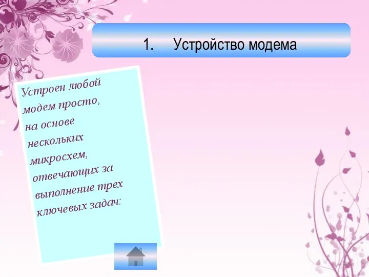 Устройство модема Устроен любой модем просто, на основе нескольких микросхем, отвечающих за выполнение трех ключевых задач: