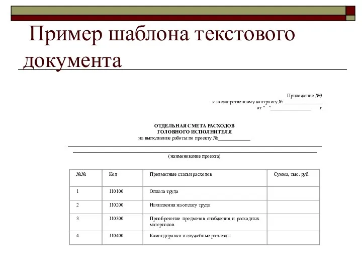 Пример шаблона текстового документа Приложение №9 к государственному контракту № _______________