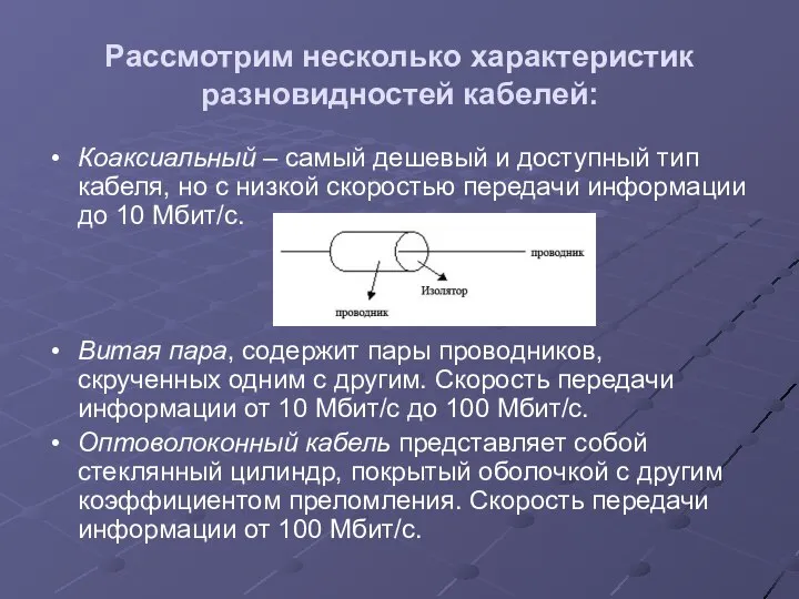 Рассмотрим несколько характеристик разновидностей кабелей: Коаксиальный – самый дешевый и доступный