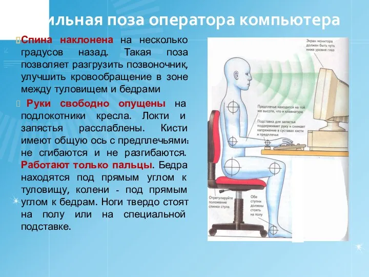 Правильная поза оператора компьютера Спина наклонена на несколько градусов назад. Такая