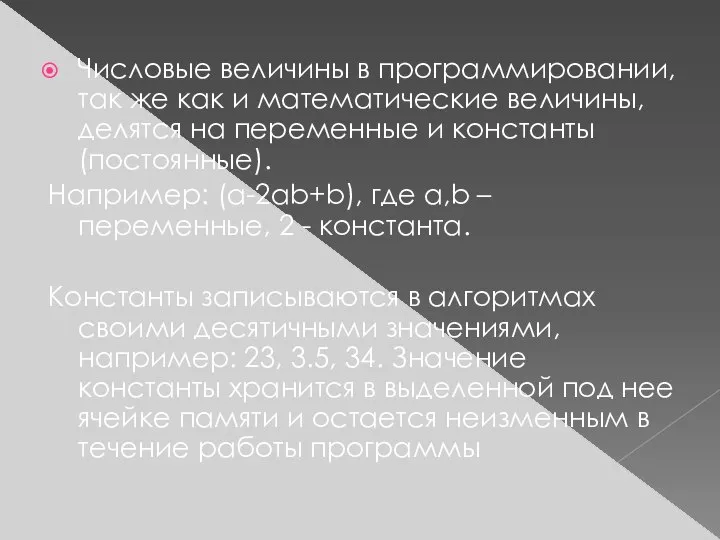 Числовые величины в программировании, так же как и математические величины, делятся