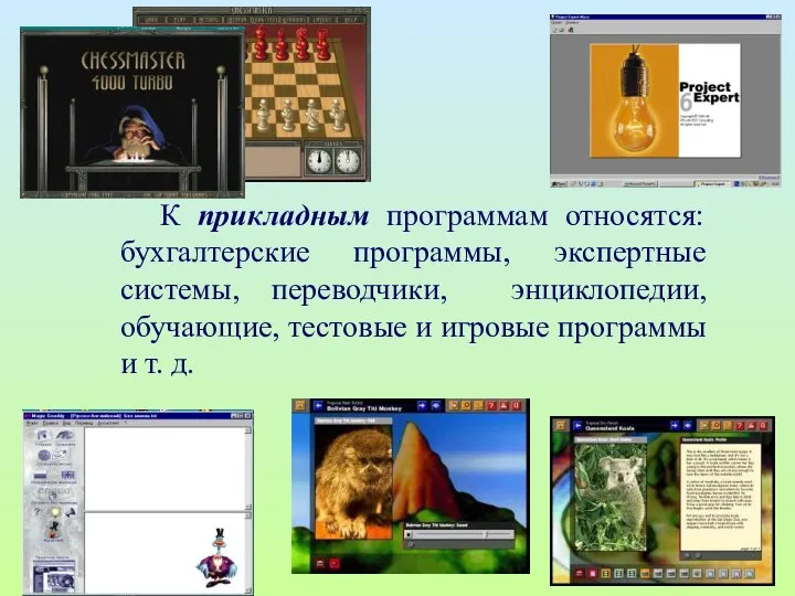 К прикладным программам относятся: бухгалтерские программы, экспертные системы, переводчики, энциклопедии, обучающие,