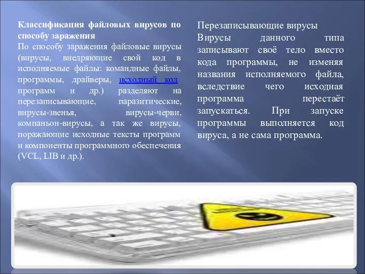 Классификация файловых вирусов по способу заражения По способу заражения файловые вирусы