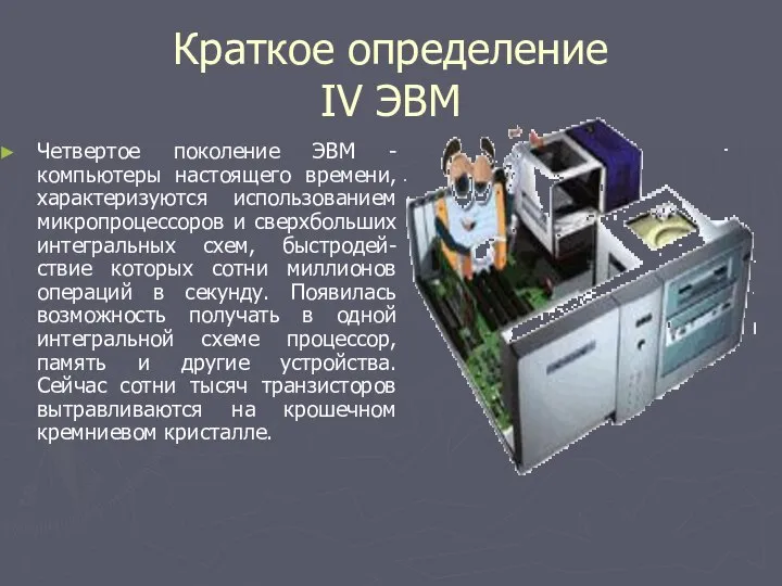 Краткое определение IV ЭВМ Четвертое поколение ЭВМ - компьютеры настоящего времени,