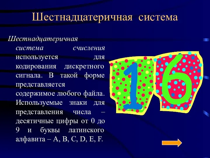 Шестнадцатеричная система Шестнадцатеричная система счисления используется для кодирования дискретного сигнала. В