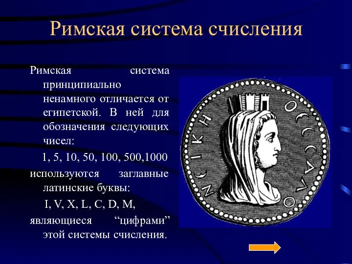 Римская система счисления Римская система принципиально ненамного отличается от египетской. В