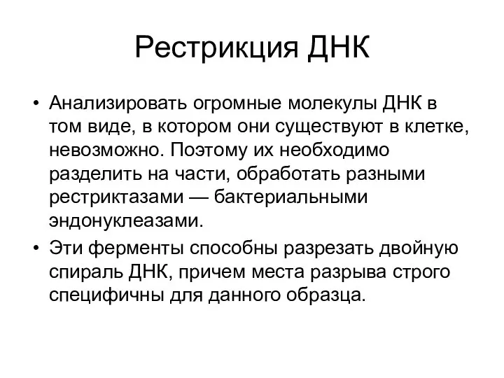 Рестрикция ДНК Анализировать огромные молекулы ДНК в том виде, в котором