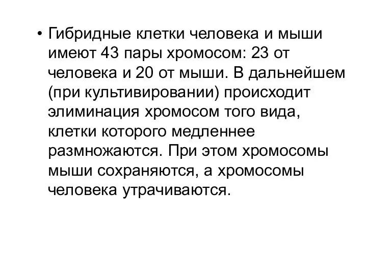 Гибридные клетки человека и мыши имеют 43 пары хромосом: 23 от