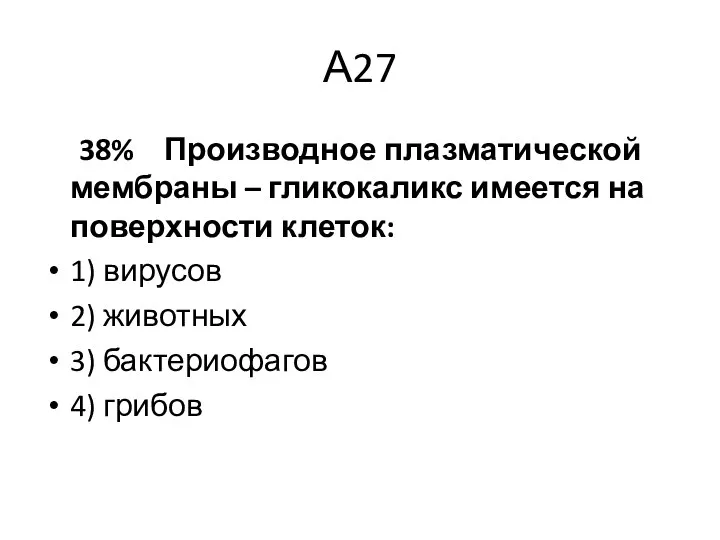 А27 38% Производное плазматической мембраны – гликокаликс имеется на поверхности клеток: