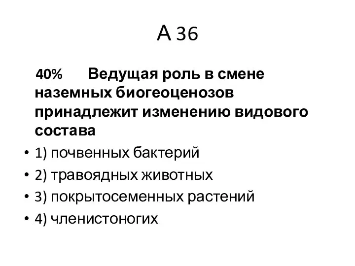 А 36 40% Ведущая роль в смене наземных биогеоценозов принадлежит изменению